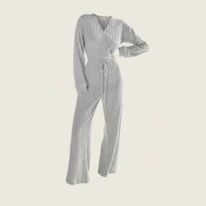 Cupshe Silver Mist Ribbed Knit Jumpsuit Gray Long Sleeve Wide Leg L NWT